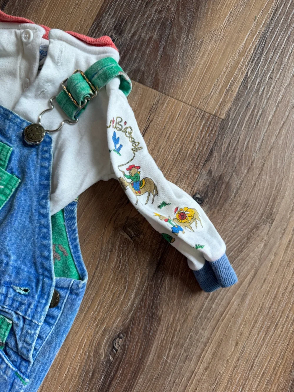 Vintage OshKosh B'gosh Blue Denim Overalls with Green Trim long sleeves